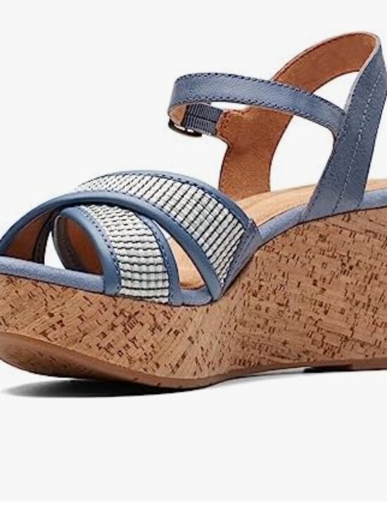 Clarks Shoes - Clarks Women's Elleri Plum Cork Wedge Sandals, Denim Blue Leather